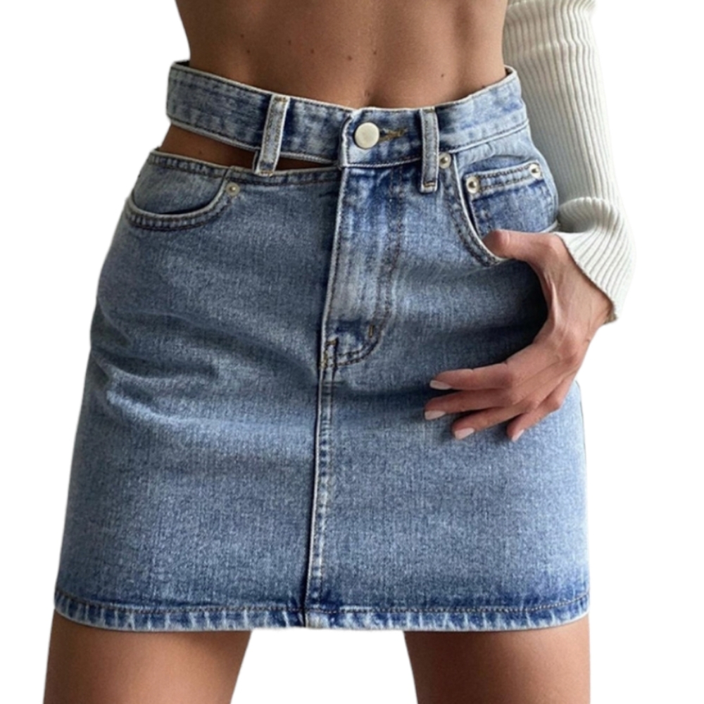 STREETWEAR DENIM HOLLOWED OUT SIDE MINI SKIRT - Picture 2 of 2